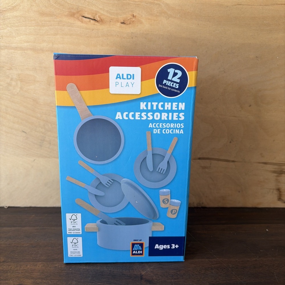 NIB ALDI Play Wooden Kitchen Accessories Set Light Blue 2025 Crofton